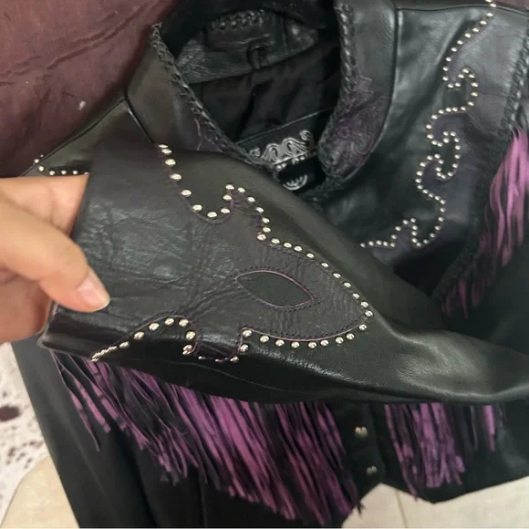 Leather Gallery Black Leather Fringe Western Jacket with Purple Accents - Picture 5 of 5